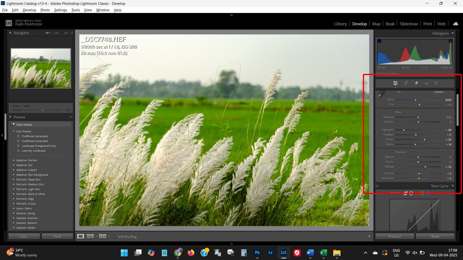 Lightroom adjustment sliders showing detailed editing controls