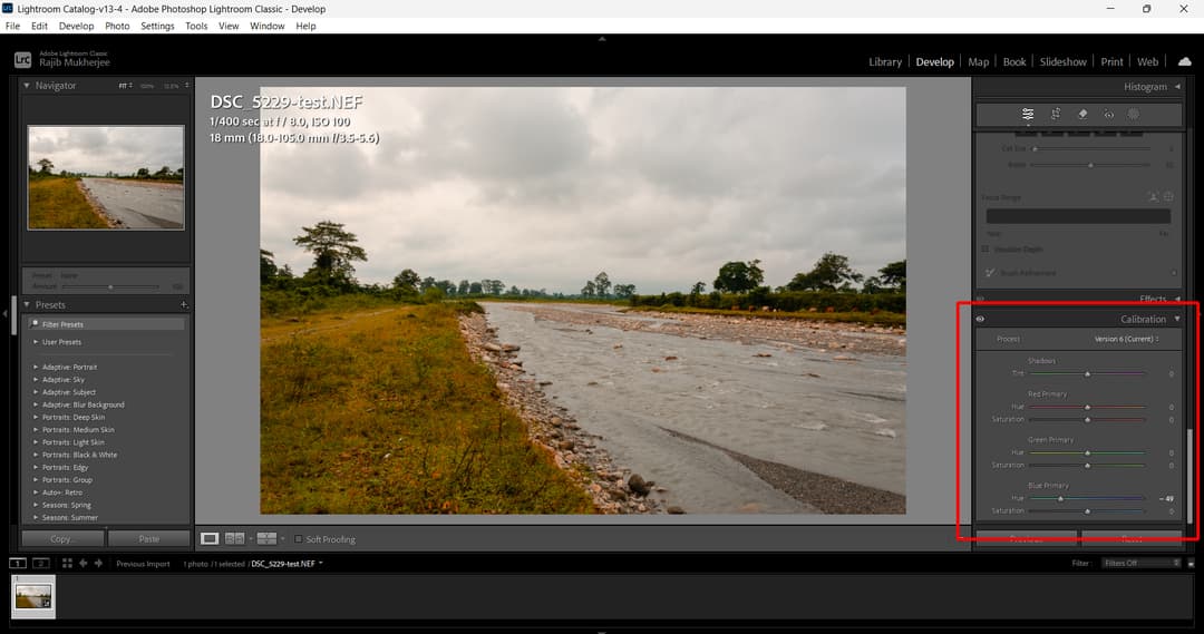 Lightroom Classic Calibration panel highlighted beside a river landscape photo