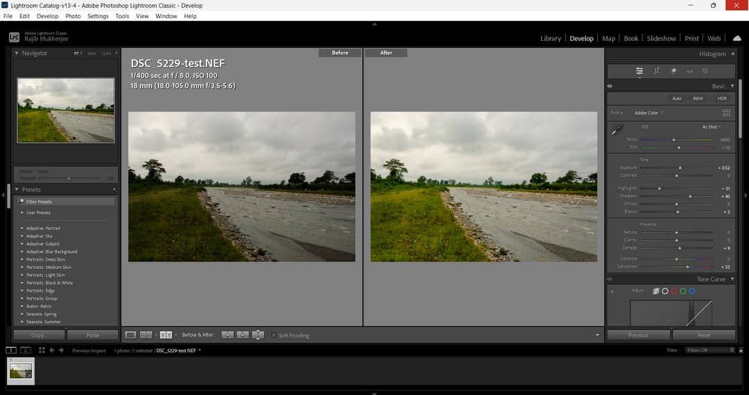 Before and after view in Lightroom Classic with the exposure adjusted on a river landscape