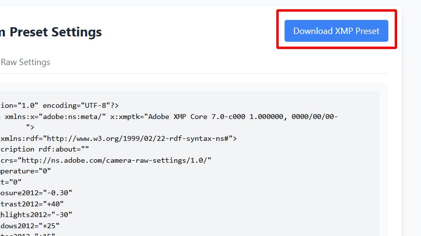 FindPreset download result showing extracted XMP preset file