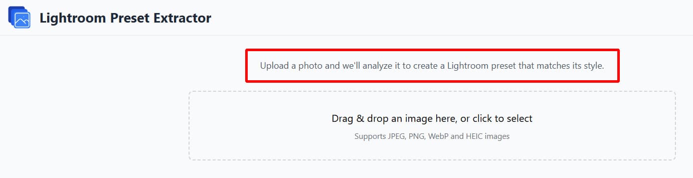FindPreset homepage showing the upload interface