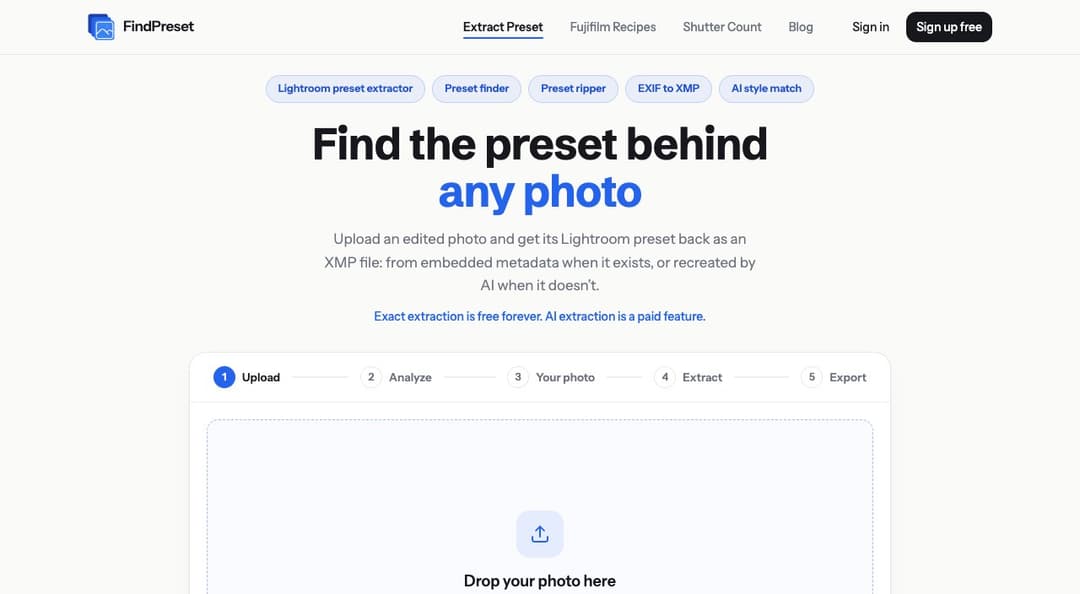 FindPreset homepage with the photo upload area