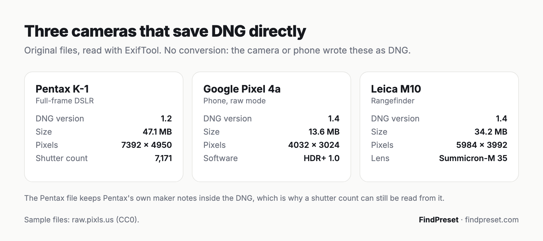 Cards for three native DNG files: Pentax K-1 DNG 1.2 of 47.1 MB with a shutter count of 7,171, Google Pixel 4a DNG 1.4 of 13.6 MB, and Leica M10 DNG 1.4 of 34.2 MB