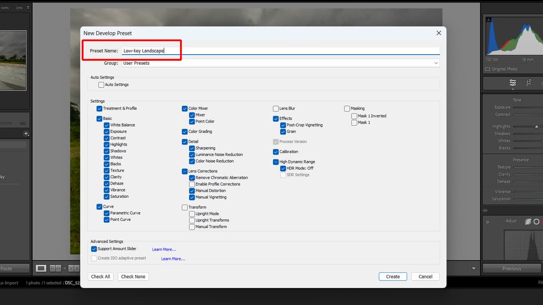 how to name a new lightroom preset