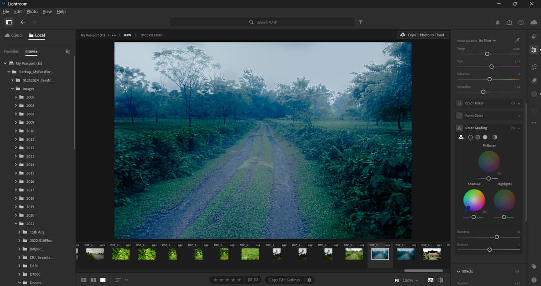 Lightroom color grading wheels applied to a misty forest road photo