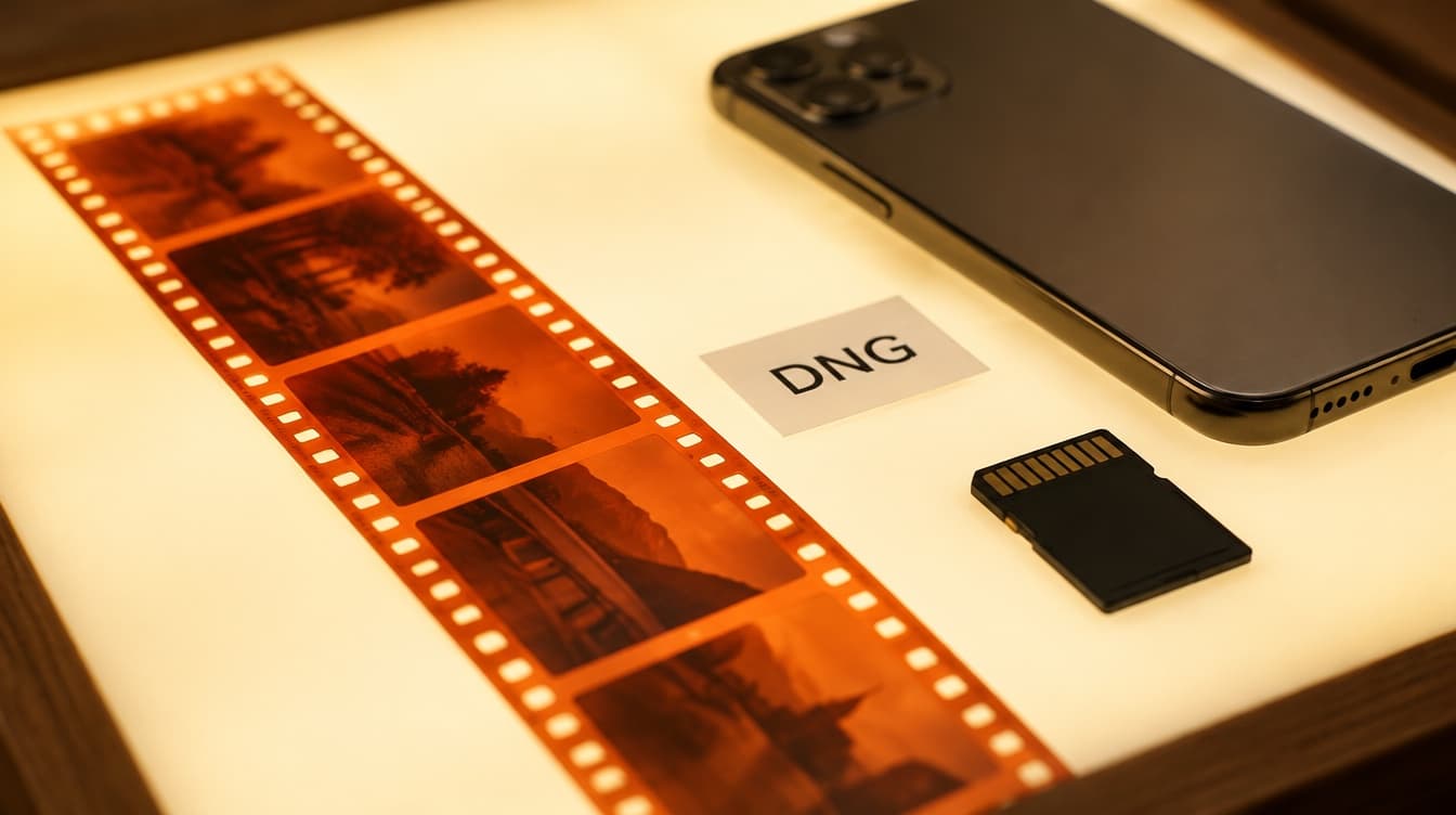 A strip of film negatives on a light table next to a label reading DNG, a phone and a memory card